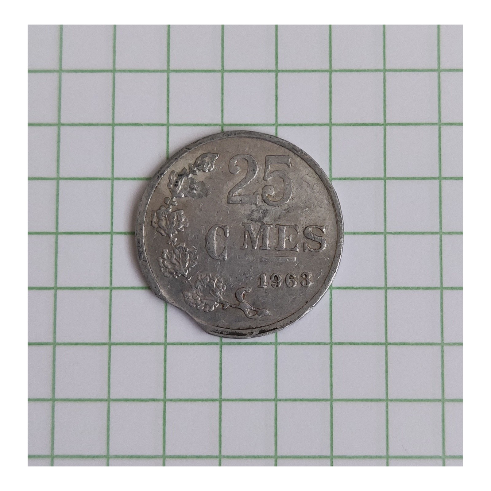 fauté : clipée rognage, 25 centimes luxembourg 1963 erreur error